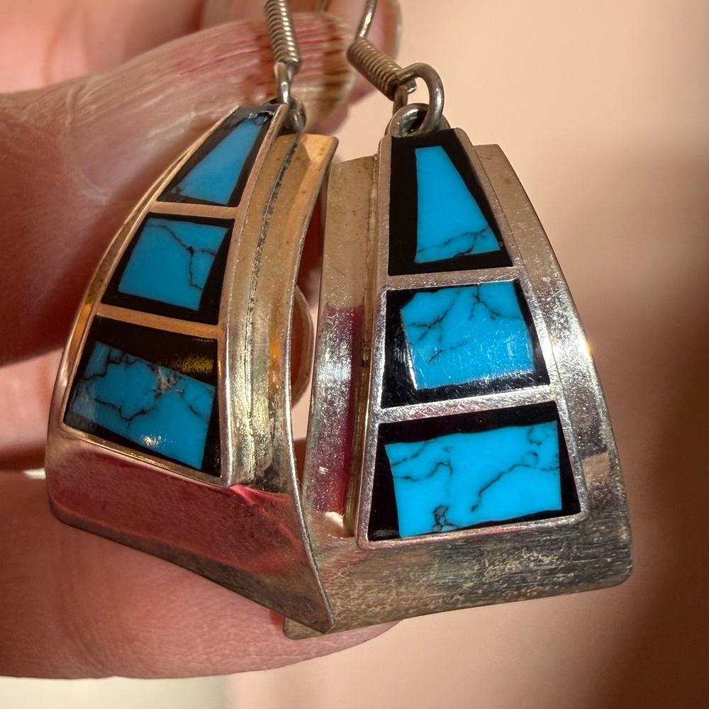 Taxco Vintage sterling silver turquoise southwestern oversized earrings